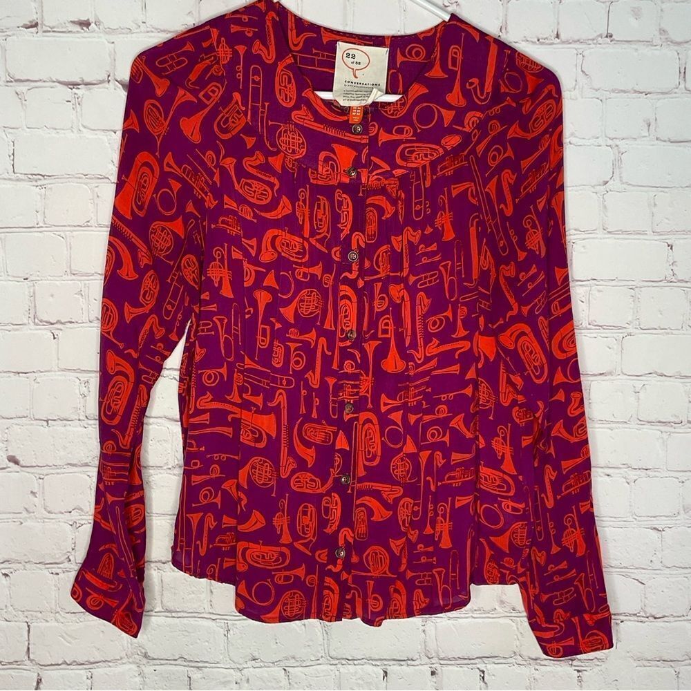 Anthropologie 22 of 52 Conversations Women’s Size US 02 Novelty Print Blouse Top - Picture 3 of 8